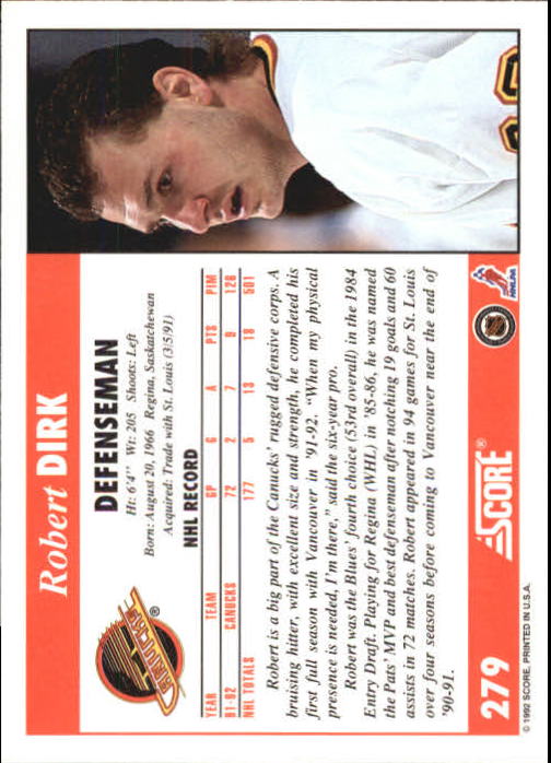 1992-93 Score #279 Robert Dirk back image
