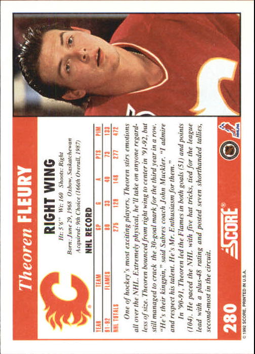1992-93 Score #280 Theo Fleury back image