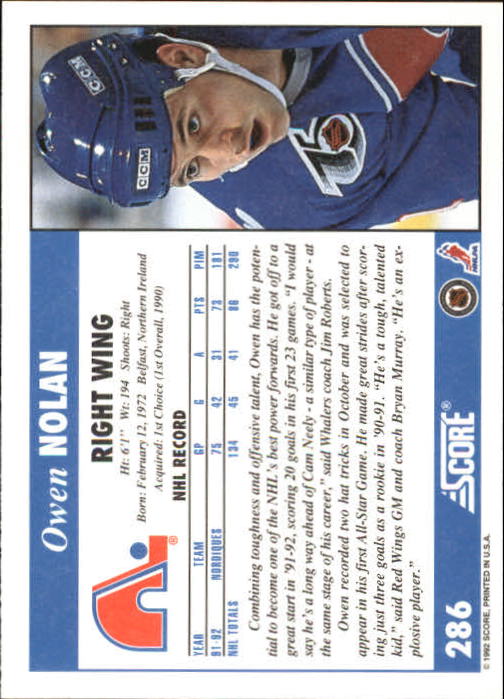 1992-93 Score #286 Owen Nolan back image