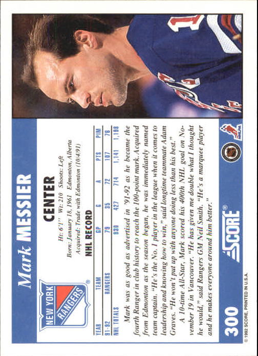 1992-93 Score #300 Mark Messier back image
