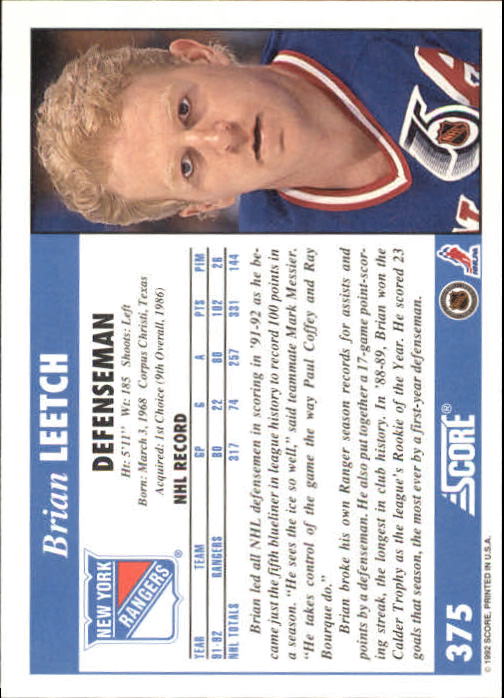 1992-93 Score #375 Brian Leetch back image