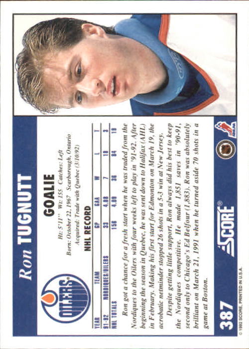 1992-93 Score #387 Ron Tugnutt back image