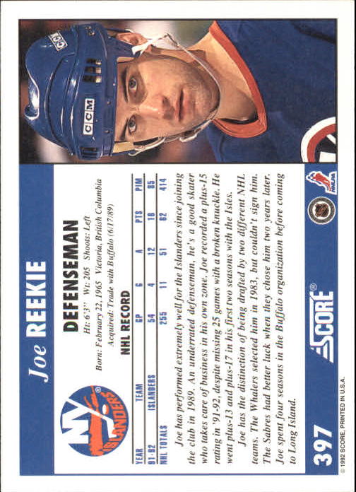 1992-93 Score #397 Joe Reekie back image