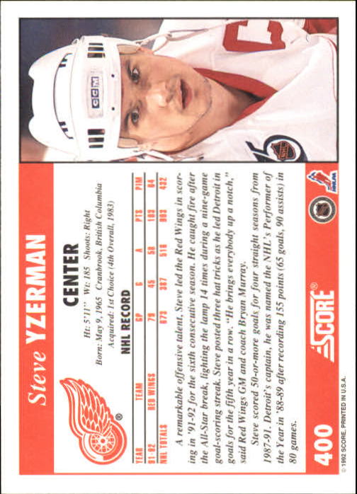 1992-93 Score #400 Steve Yzerman back image
