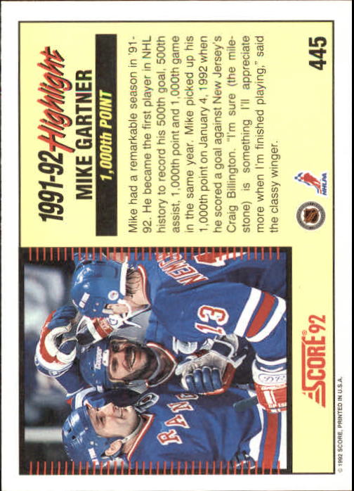 1992-93 Score #445 Mike Gartner SH back image