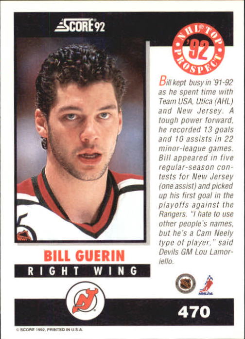 1992-93 Score #470 Bill Guerin TP RC back image