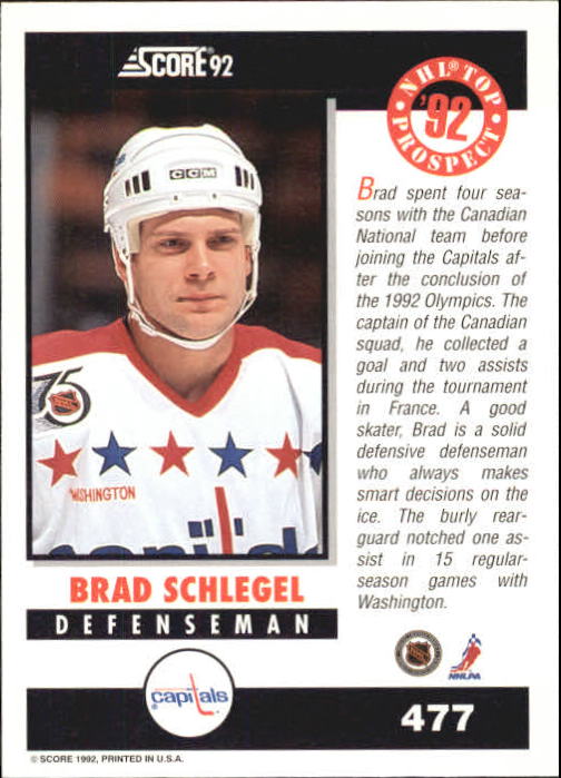 1992-93 Score #477 Brad Schlegel TP back image