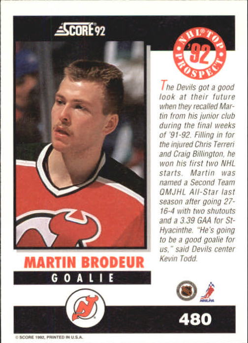 1992-93 Score #480 Martin Brodeur back image