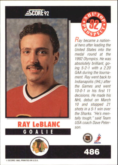 1992-93 Score #486 Ray LeBlanc TP back image