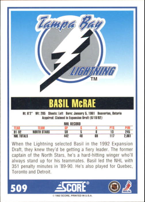 1992-93 Score #509 Basil McRae back image