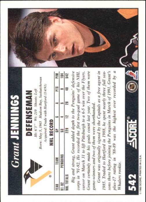 1992-93 Score #542 Grant Jennings back image