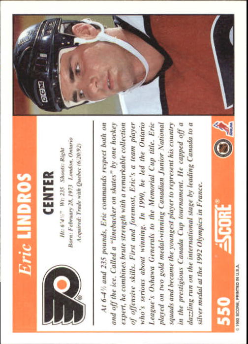 1992-93 Score #550 Eric Lindros back image