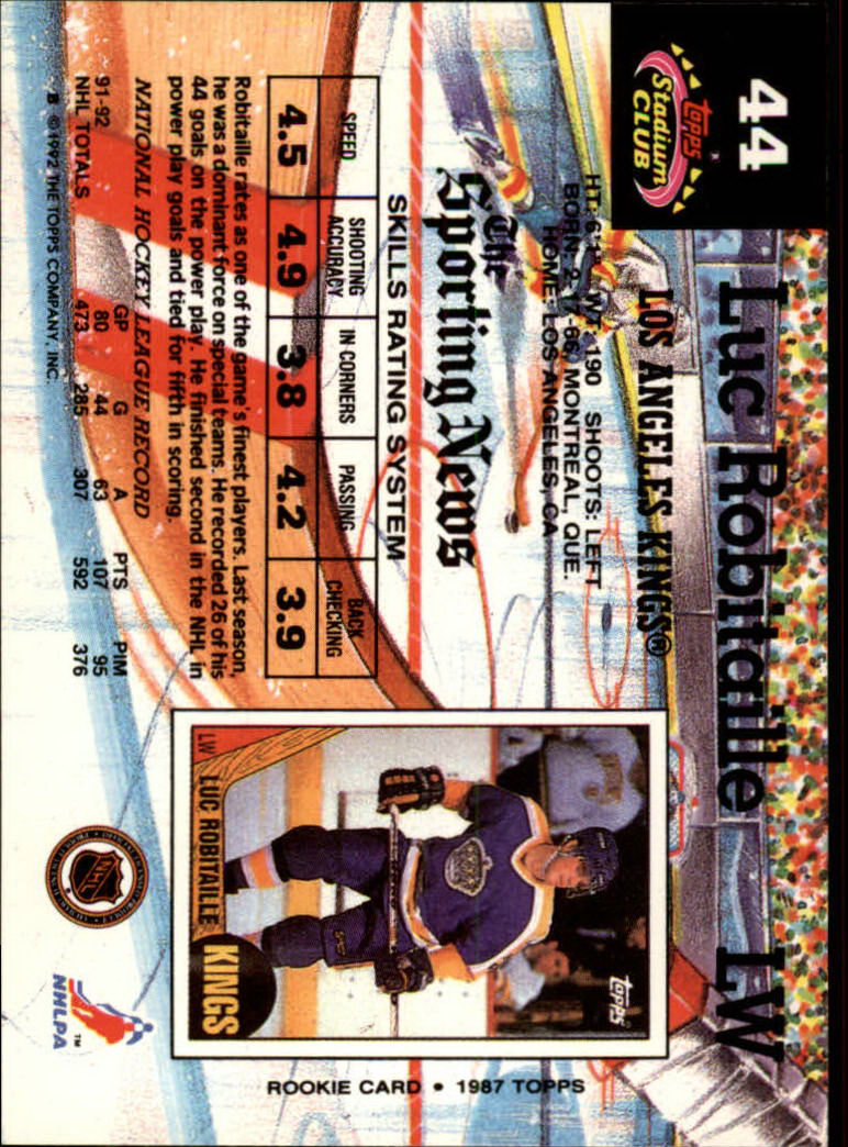 1992-93 Stadium Club #44 Luc Robitaille back image