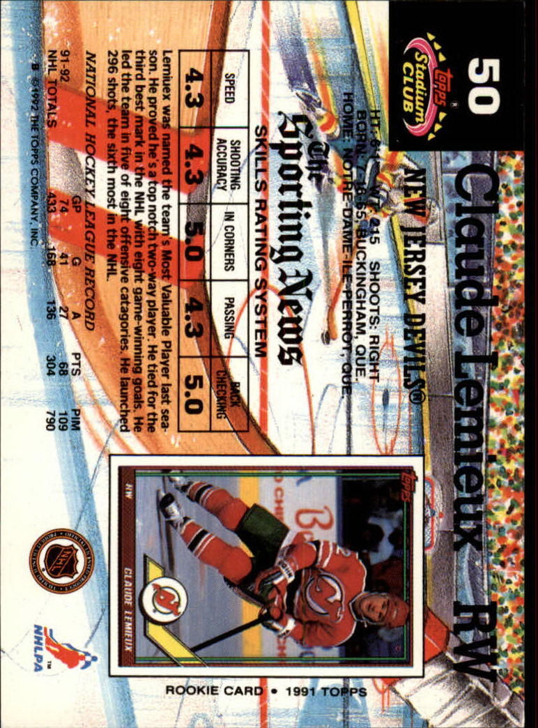 1992-93 Stadium Club #50 Claude Lemieux back image