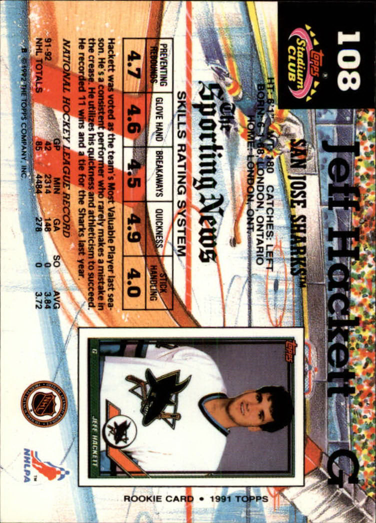 1992-93 Stadium Club #108 Jeff Hackett back image