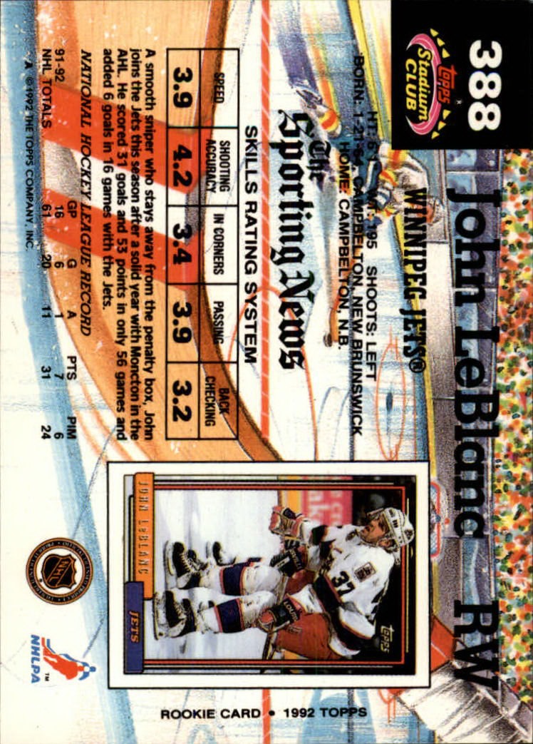 1992-93 Stadium Club #388 John LeBlanc RC back image