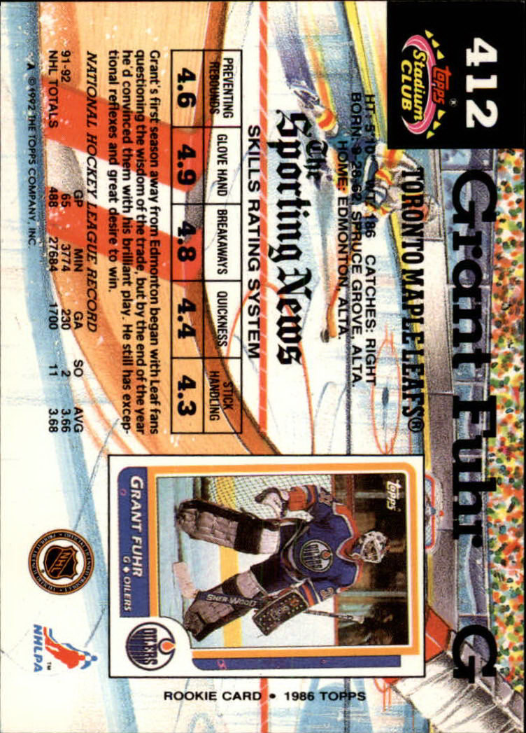 1992-93 Stadium Club #412 Grant Fuhr back image