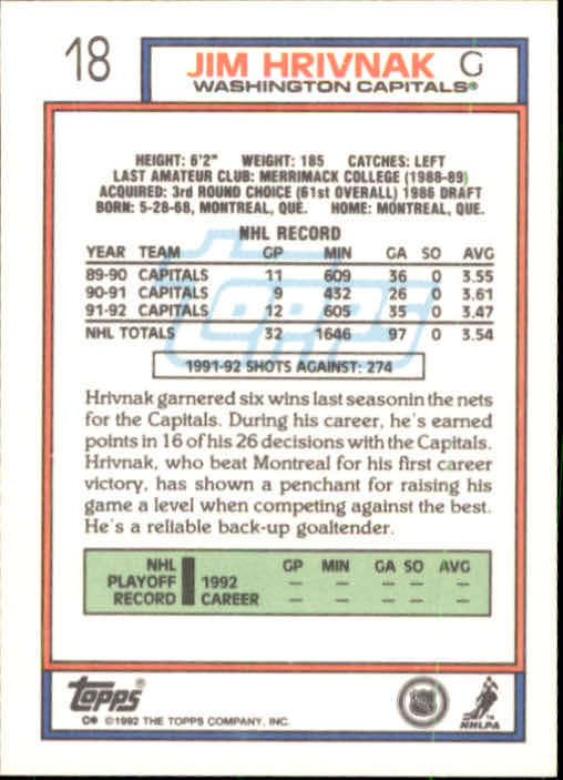 1992-93 Topps #18 Jim Hrivnak back image