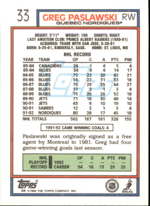 1992-93 Topps #33 Greg Paslawski back image