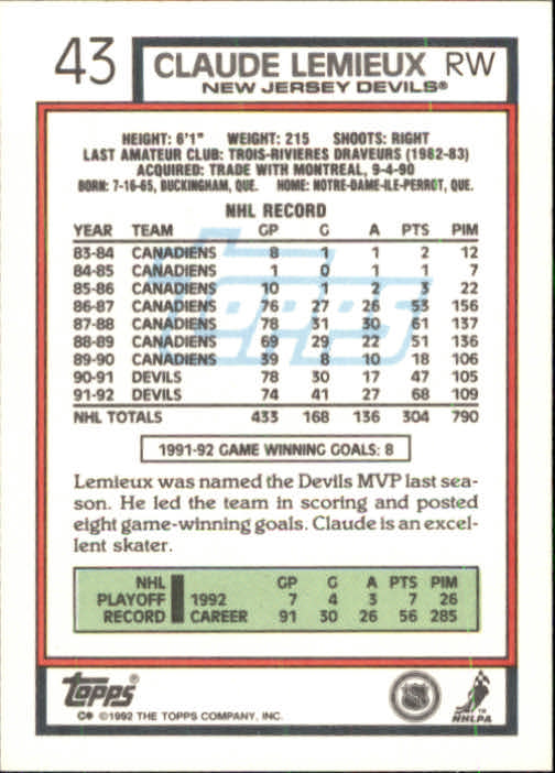 1992-93 Topps #43 Claude Lemieux back image