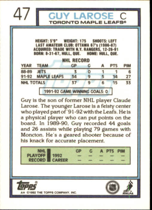 1992-93 Topps #47 Guy Larose back image