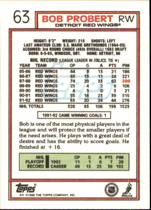 1992-93 Topps #63 Bob Probert back image