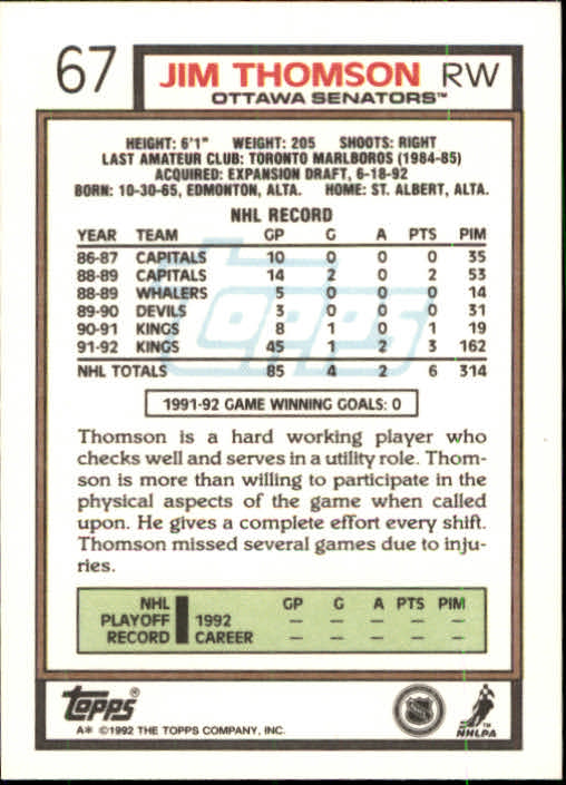 1992-93 Topps #67 Jim Thomson RC back image