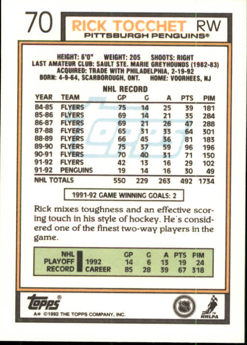 1992-93 Topps #70 Rick Tocchet back image
