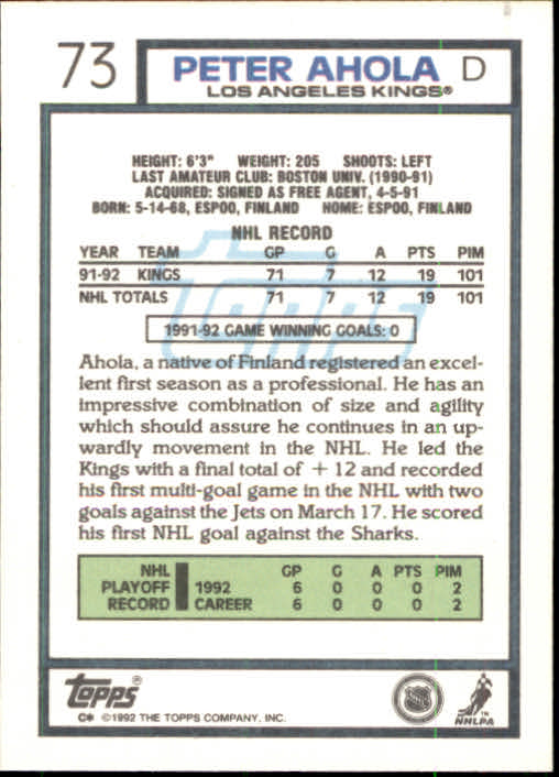 1992-93 Topps #73 Peter Ahola back image