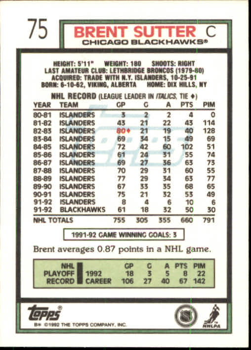 1992-93 Topps #75 Brent Sutter back image