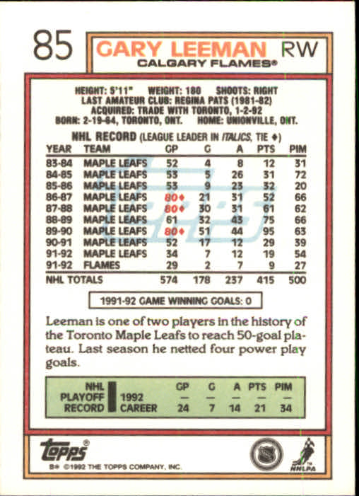 1992-93 Topps #85 Gary Leeman back image