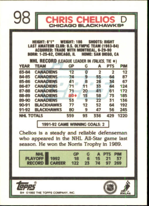 1992-93 Topps #98 Chris Chelios back image