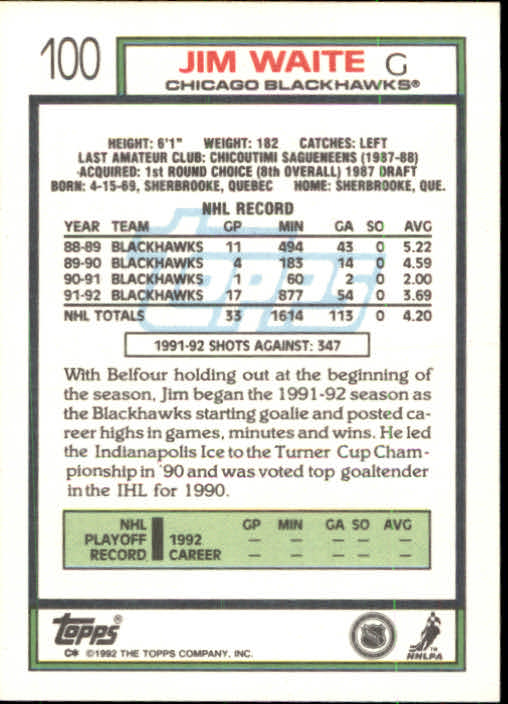 1992-93 Topps #100 Jim Waite back image