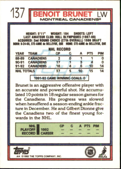 1992-93 Topps #137 Benoit Brunet back image