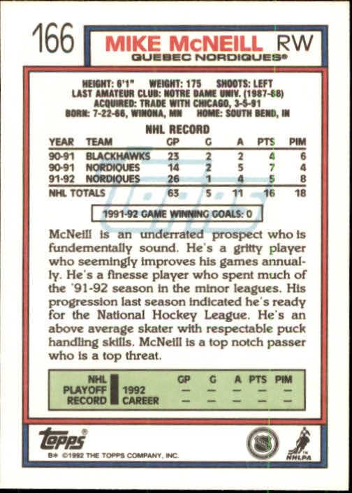 1992-93 Topps #166 Mike McNeill back image