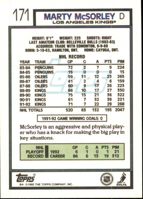 1992-93 Topps #171 Marty McSorley back image
