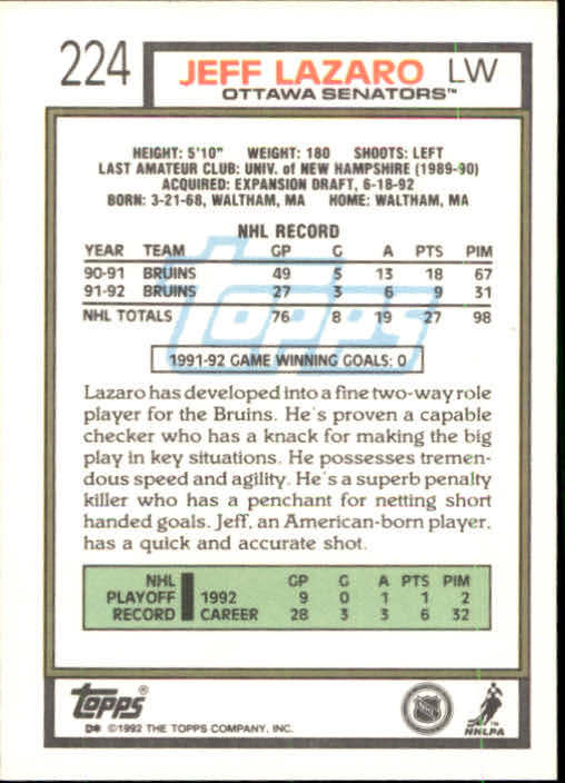 1992-93 Topps #224 Jeff Lazaro back image