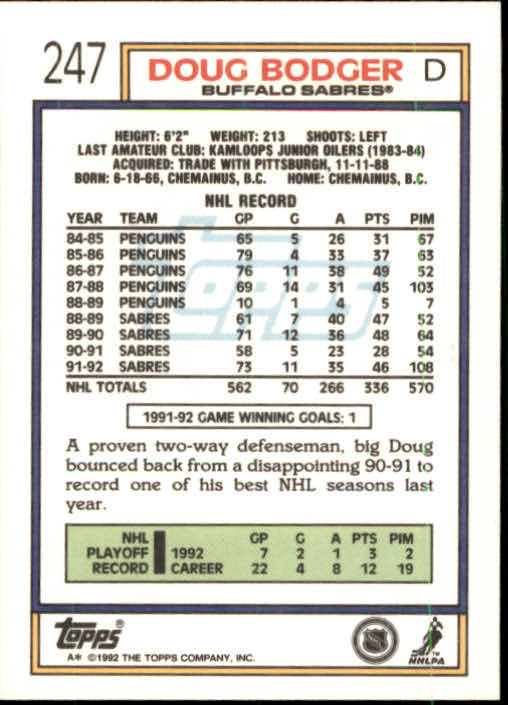 1992-93 Topps #247 Doug Bodger back image