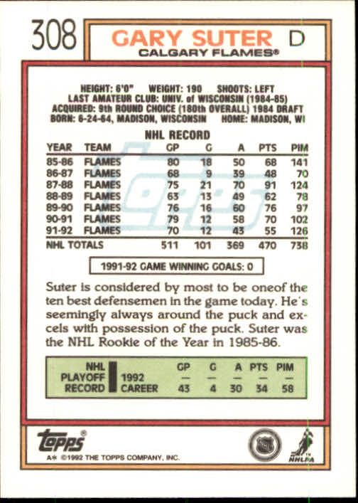 1992-93 Topps #308 Gary Suter back image
