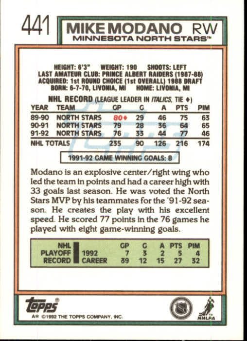 1992-93 Topps #441 Mike Modano back image