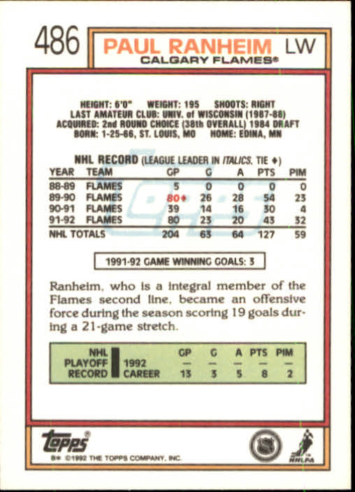 1992-93 Topps #486 Paul Ranheim back image