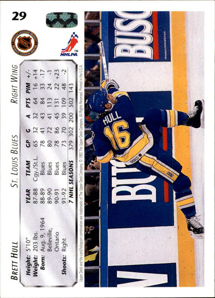 1992-93 Upper Deck #29 Brett Hull back image