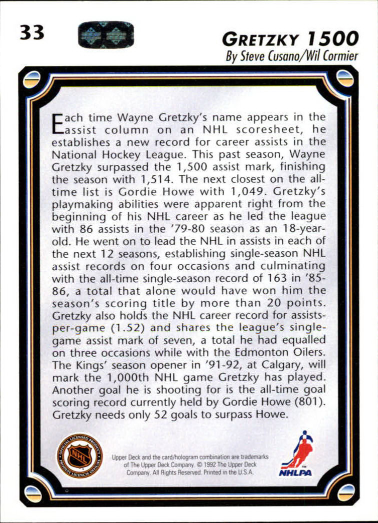 1992-93 Upper Deck #33 Wayne Gretzky 1500 back image