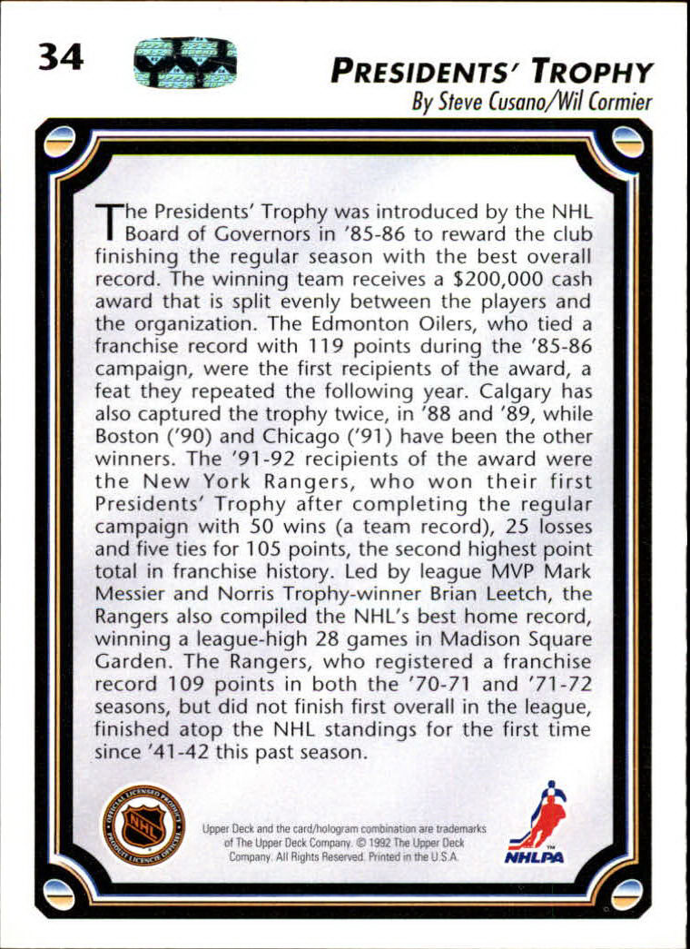1992-93 Upper Deck #34 Presidents Trophy/Rangers back image