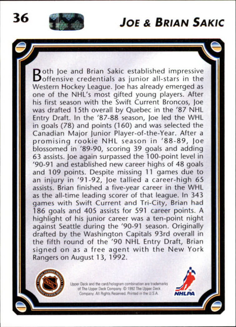1992-93 Upper Deck #36 Brian Sakic BL/Joe Sakic back image