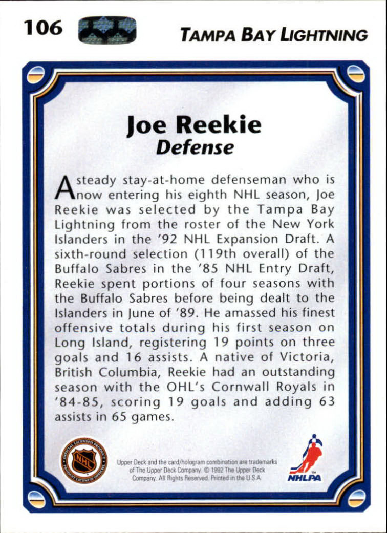1992-93 Upper Deck #106 Joe Reekie back image