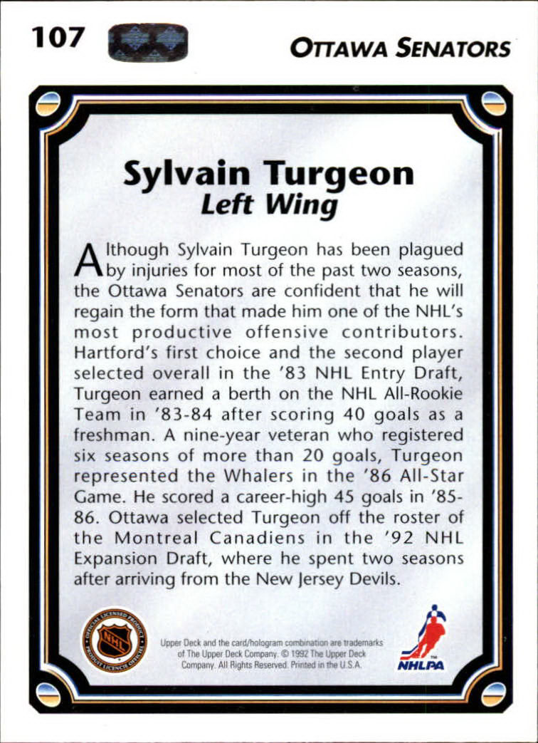 1992-93 Upper Deck #107 Sylvain Turgeon back image