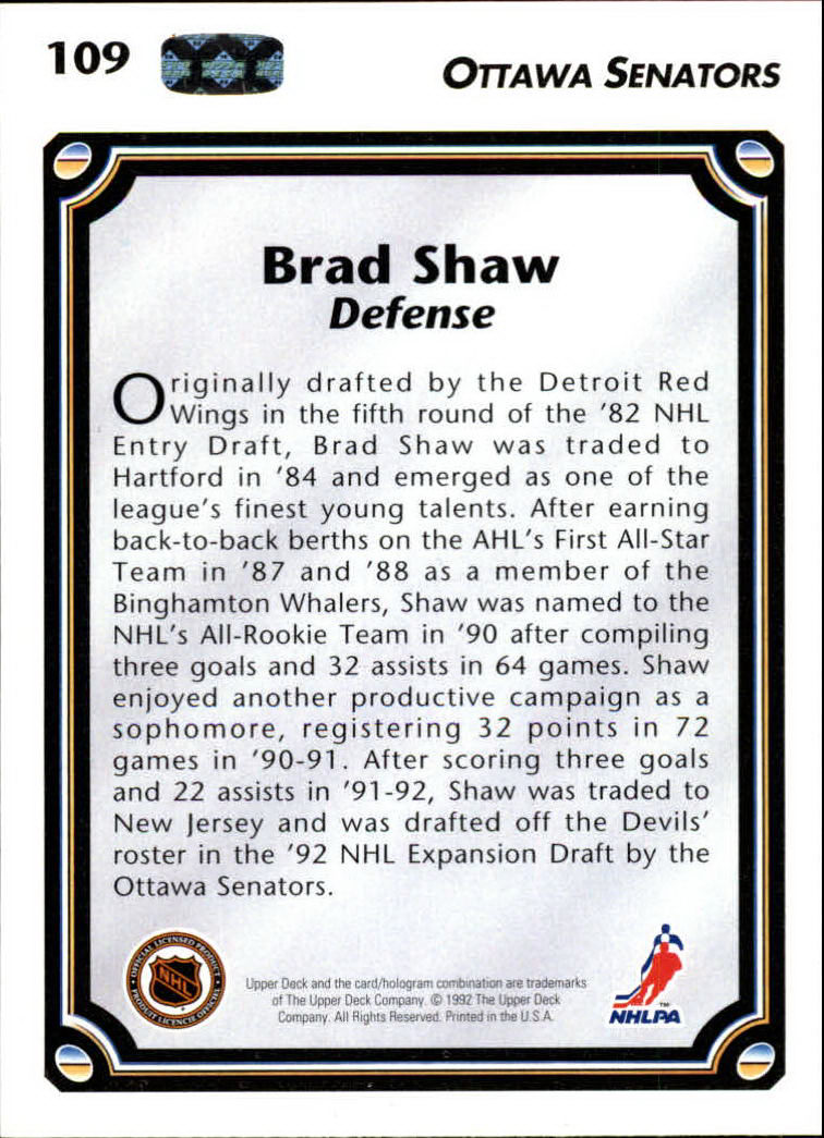 1992-93 Upper Deck #109 Brad Shaw back image