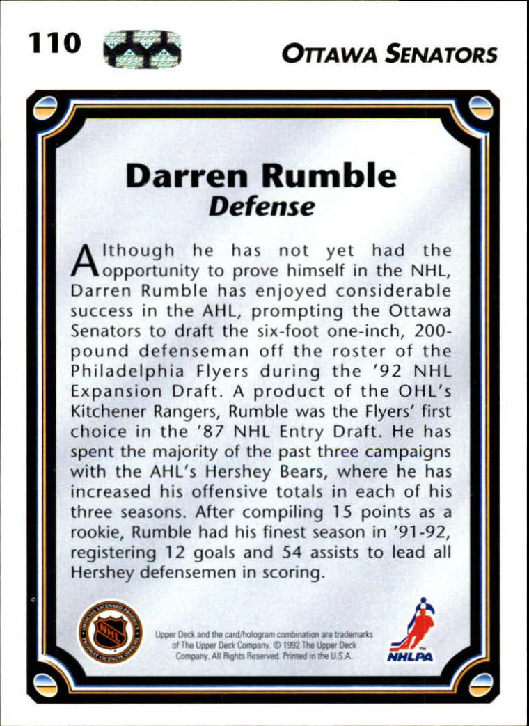 1992-93 Upper Deck #110 Darren Rumble RC back image
