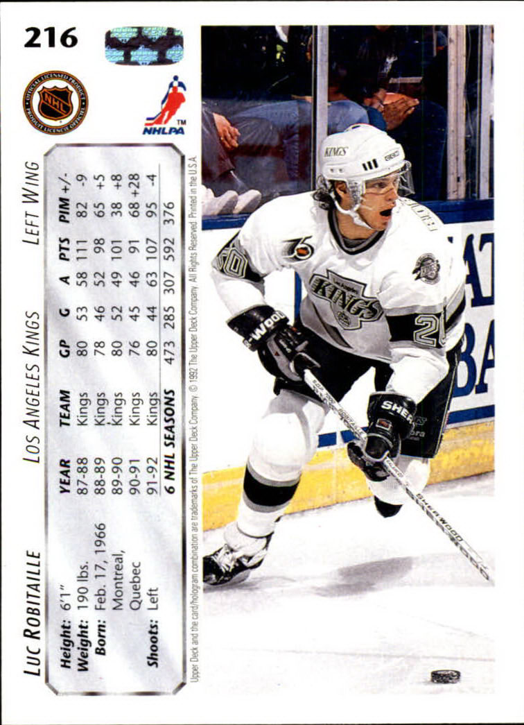 1992-93 Upper Deck #216 Luc Robitaille back image